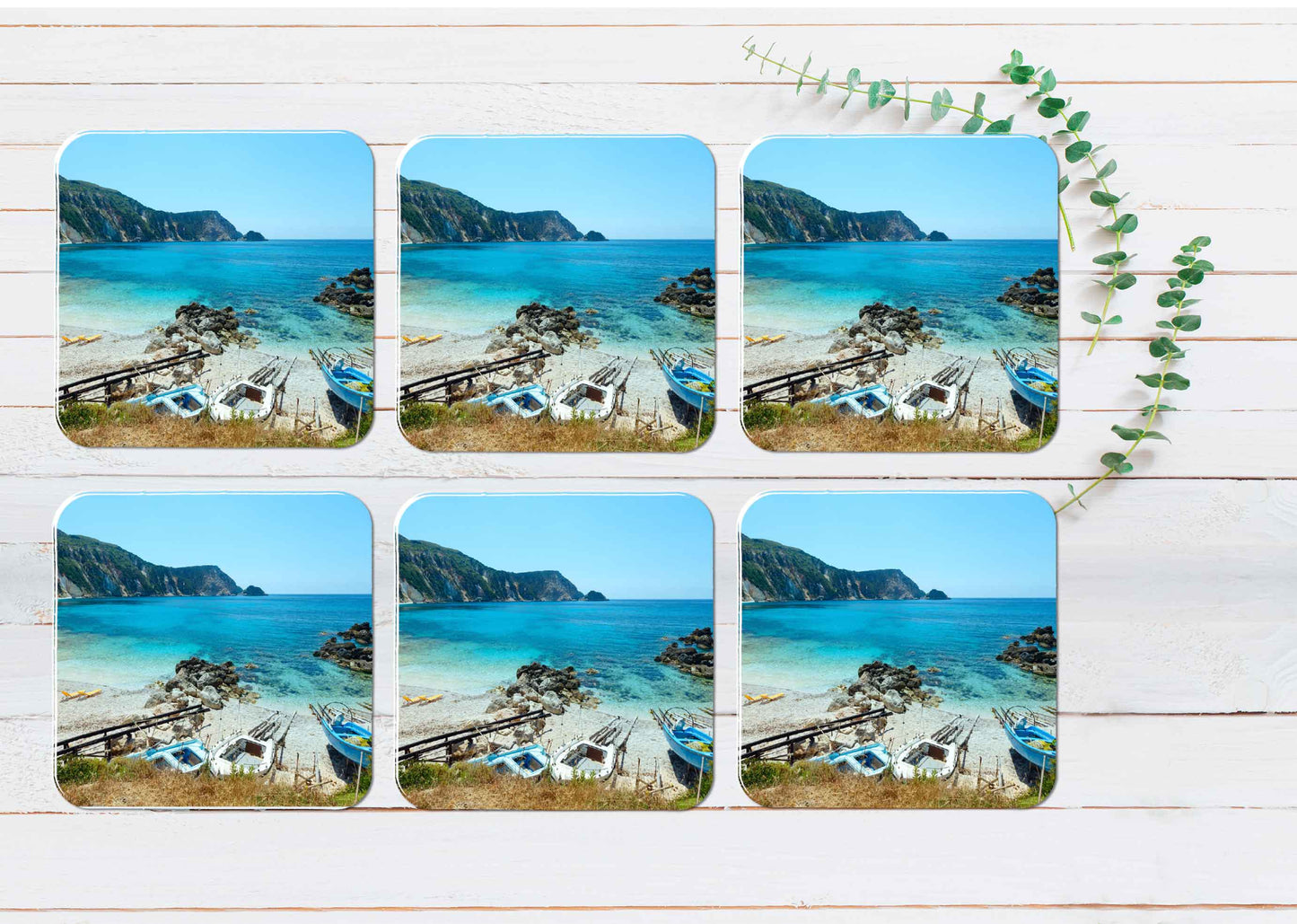 Petani Beach Summer View in Greece Coasters Wood & Rubber - Set of 6 Coasters