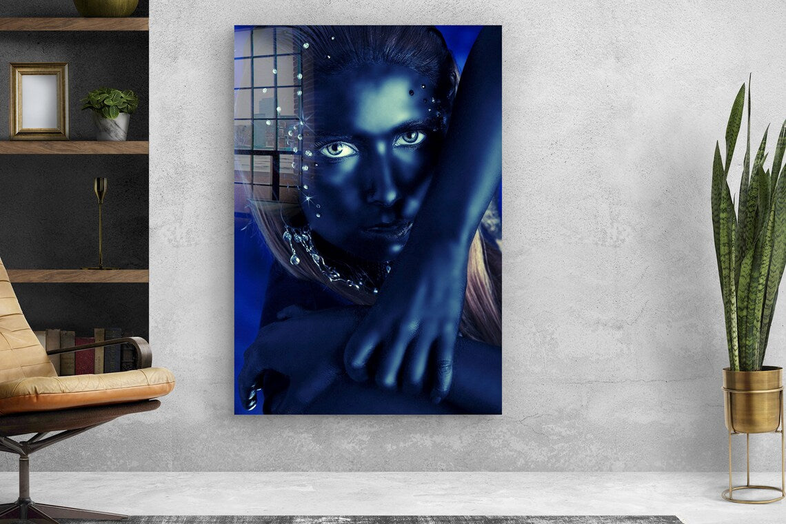 Fashion Blue Woman View Print Tempered Glass Wall Art 100% Made in Australia Ready to Hang