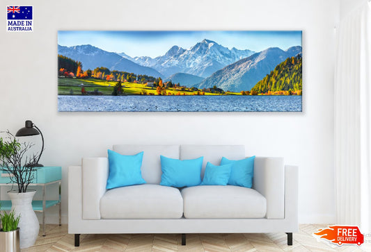 Panoramic Canvas Lake Mountain Field View Photograph High Quality 100% Australian Made Wall Canvas Print Ready to Hang