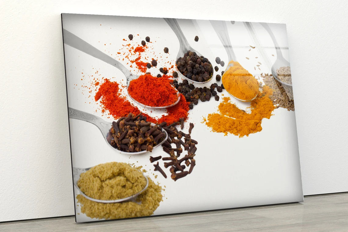 Spices on White Spoons Photograph Acrylic Glass Print Tempered Glass Wall Art 100% Made in Australia Ready to Hang