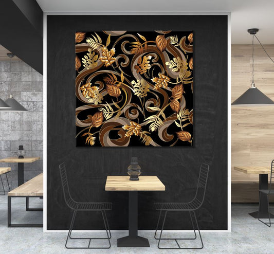 Square Canvas Gold & Black Abstract Floral Design High Quality Print 100% Australian Made