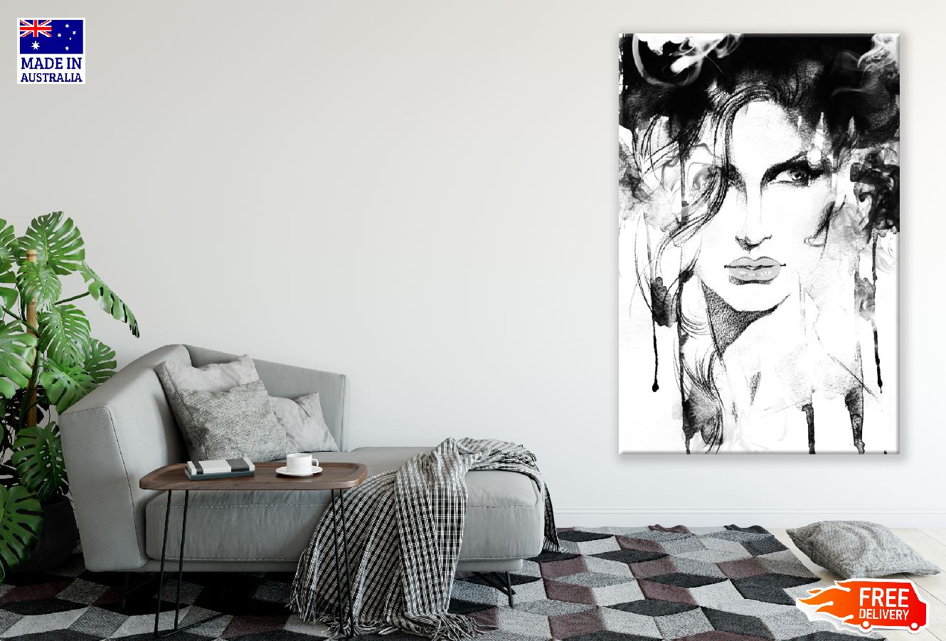 Woman Face B&W Abstract Watercolor Painting Print 100% Australian Made