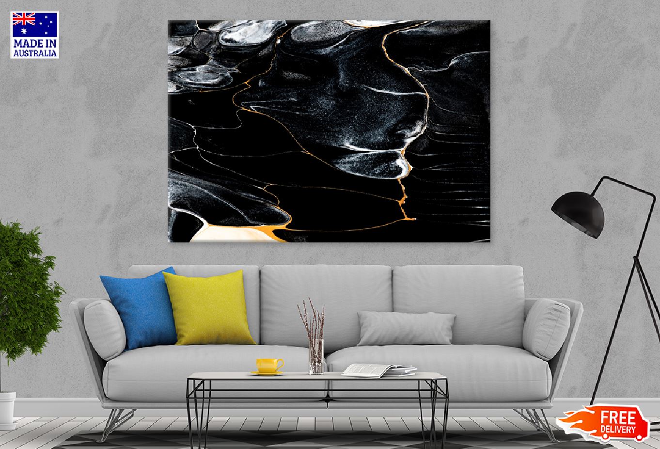 Black Marble White Lines Abstract Design Print 100% Australian Made