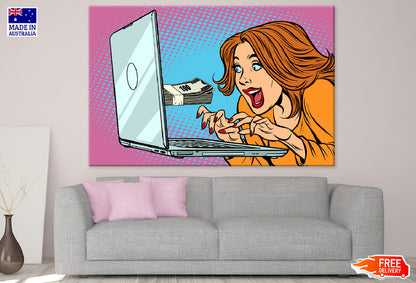 Woman With Laptop E-Earning Illustration Print 100% Australian Made