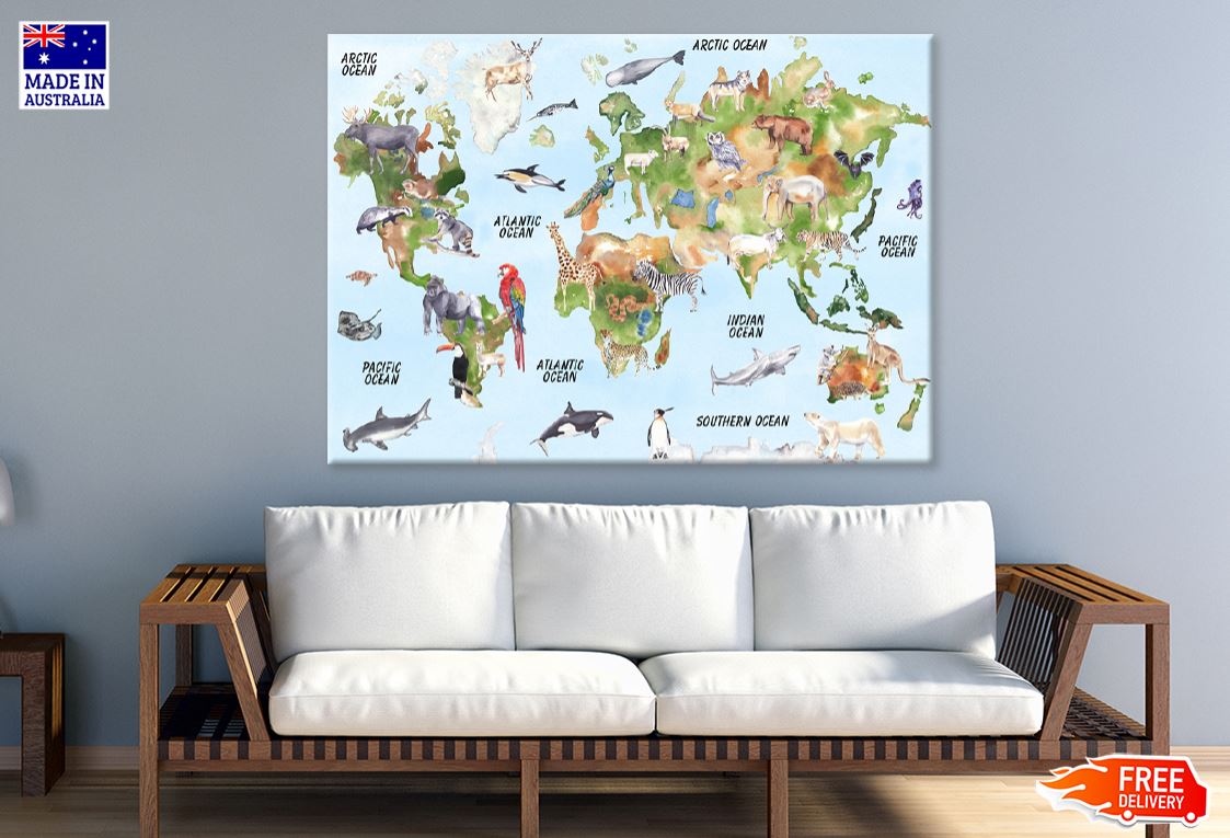 Animals on World Map Illustration Print 100% Australian Made