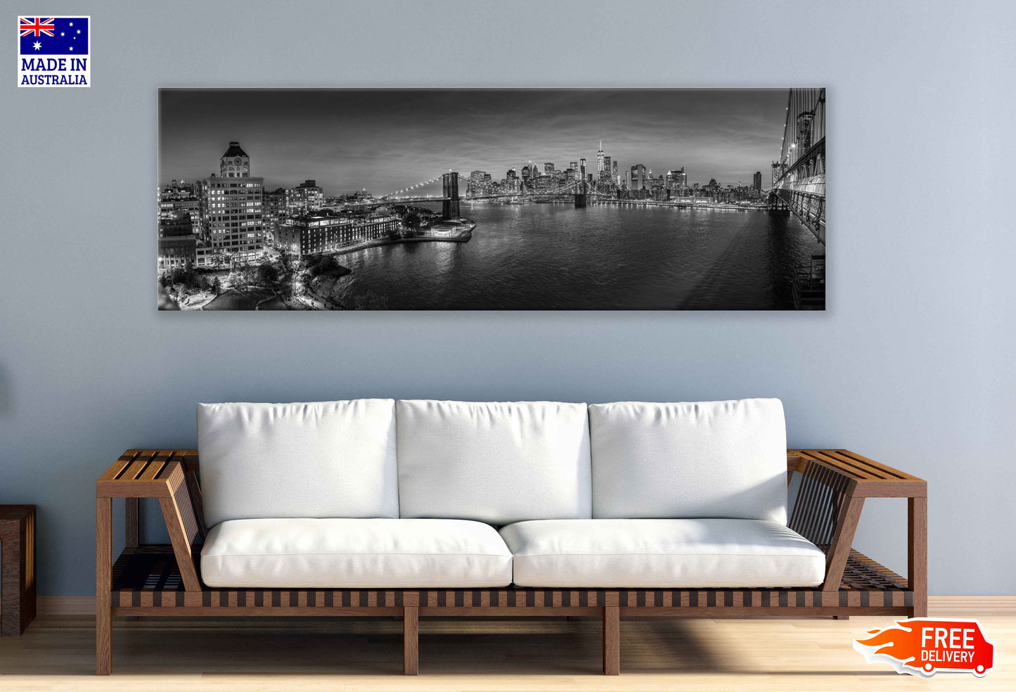 Panoramic Canvas Manhattan City B&W View High Quality 100% Australian Made Wall Canvas Print Ready to Hang
