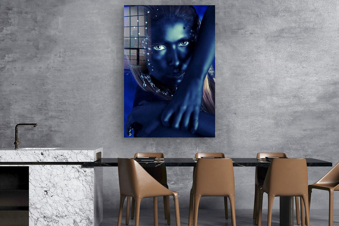 Fashion Blue Woman View Print Tempered Glass Wall Art 100% Made in Australia Ready to Hang