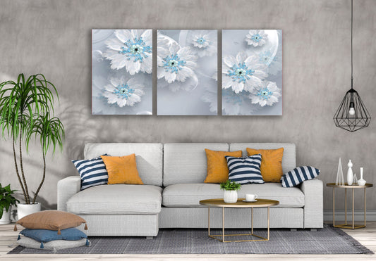 3 Set of Blue & White 3D Floral Design High Quality Print 100% Australian Made Wall Canvas Ready to Hang
