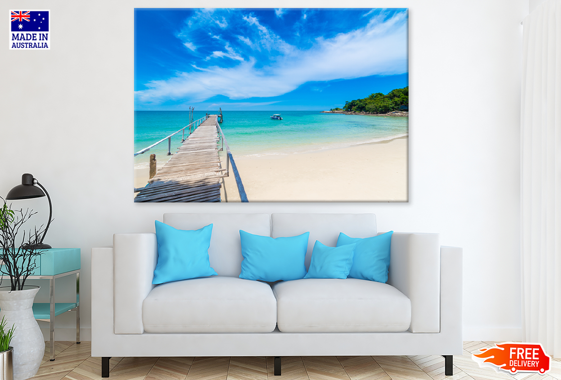 Wooden Pier & Boat On Sea Sky View Photograph Print 100% Australian Made