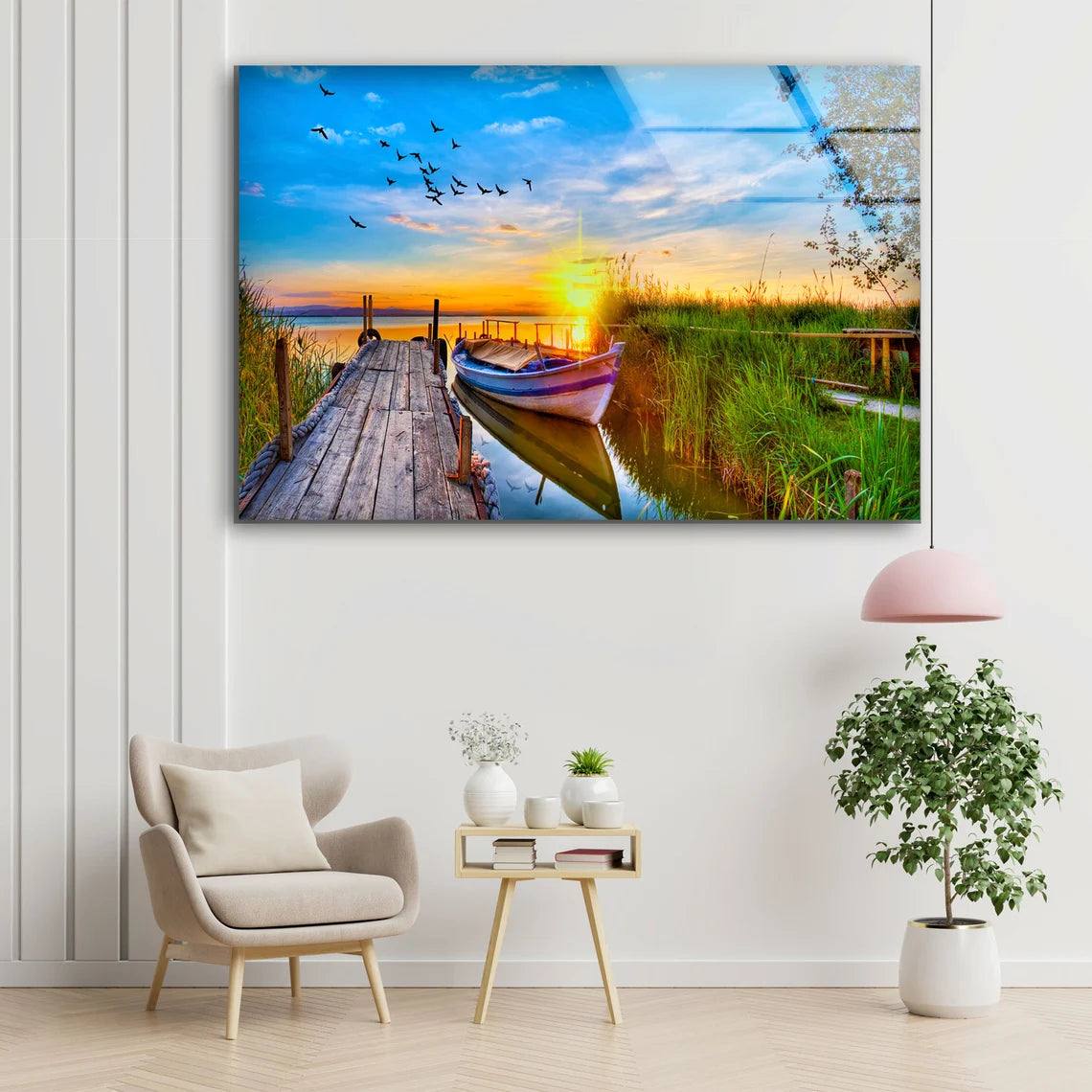 Boat Near Wooden Pier Photograph Acrylic Glass Print Tempered Glass Wall Art 100% Made in Australia Ready to Hang