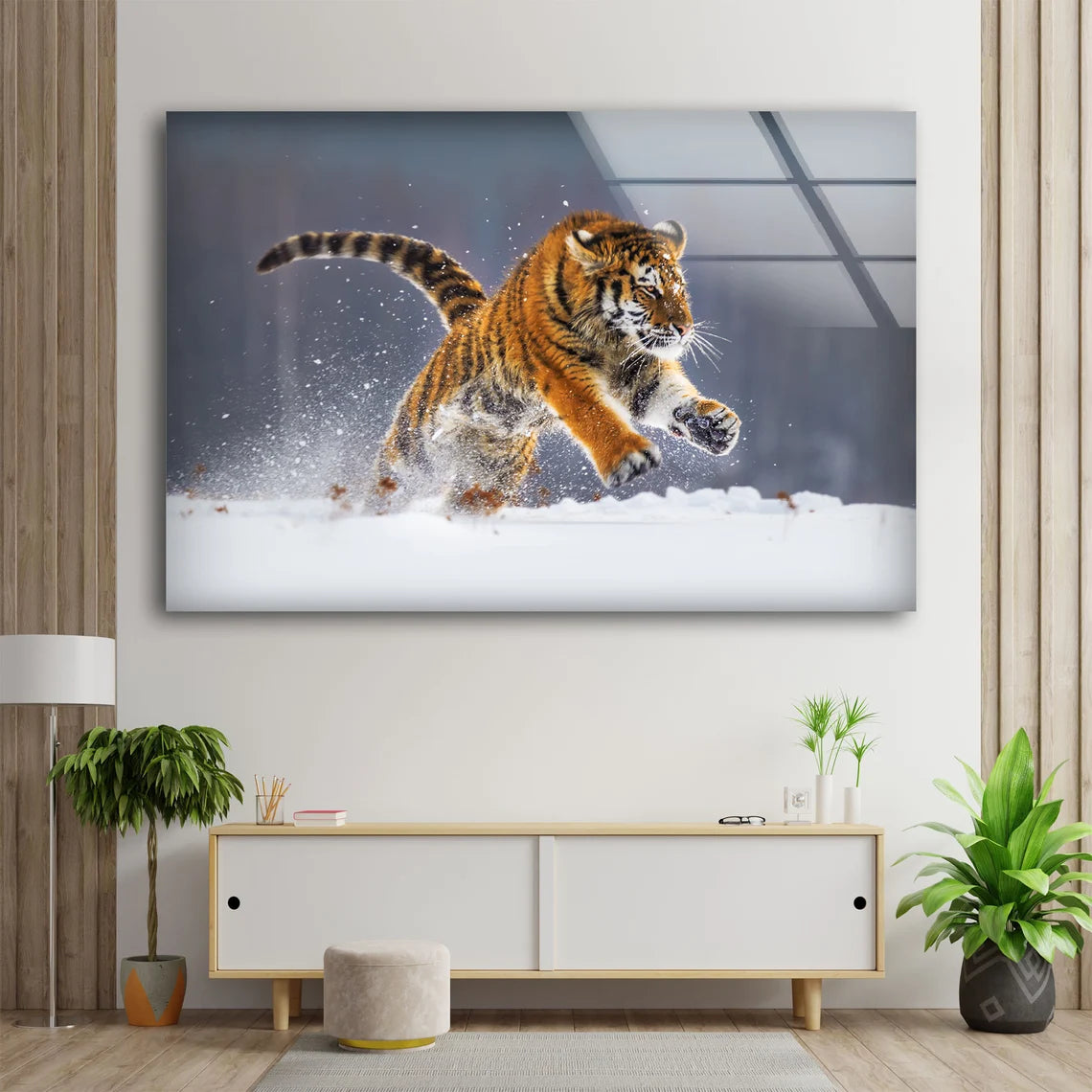 Tiger Running on Snow Photograph Acrylic Glass Print Tempered Glass Wall Art 100% Made in Australia Ready to Hang