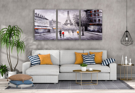 3 Set of People Walking Near Eiffel Tower Watercolor Painting High Quality Print 100% Australian Made Wall Canvas Ready to Hang