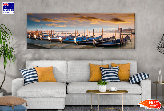 Panoramic Canvas Boats in the Bay Beach Sunset High Quality 100% Australian made wall Canvas Print ready to hang