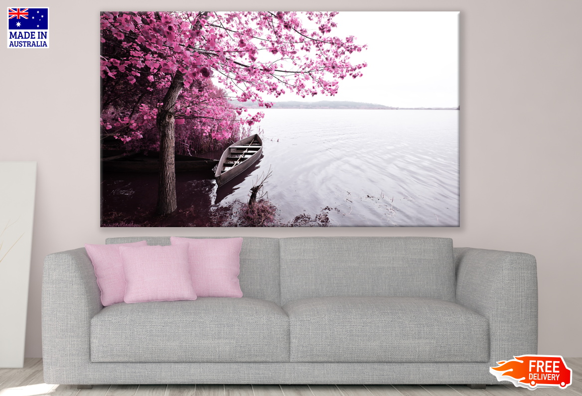 Blossom Tree & Boat Near Lake Photograph Print 100% Australian Made