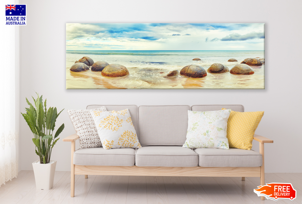 Panoramic Canvas Stunning Beach View Rocks on Shore High Quality 100% Australian made wall Canvas Print ready to hang
