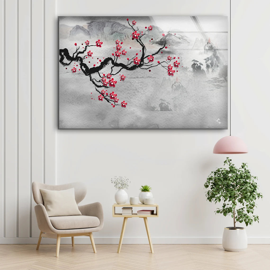 Pink Flower Tree Branch Oil Painting Acrylic Glass Print Tempered Glass Wall Art 100% Made in Australia Ready to Hang