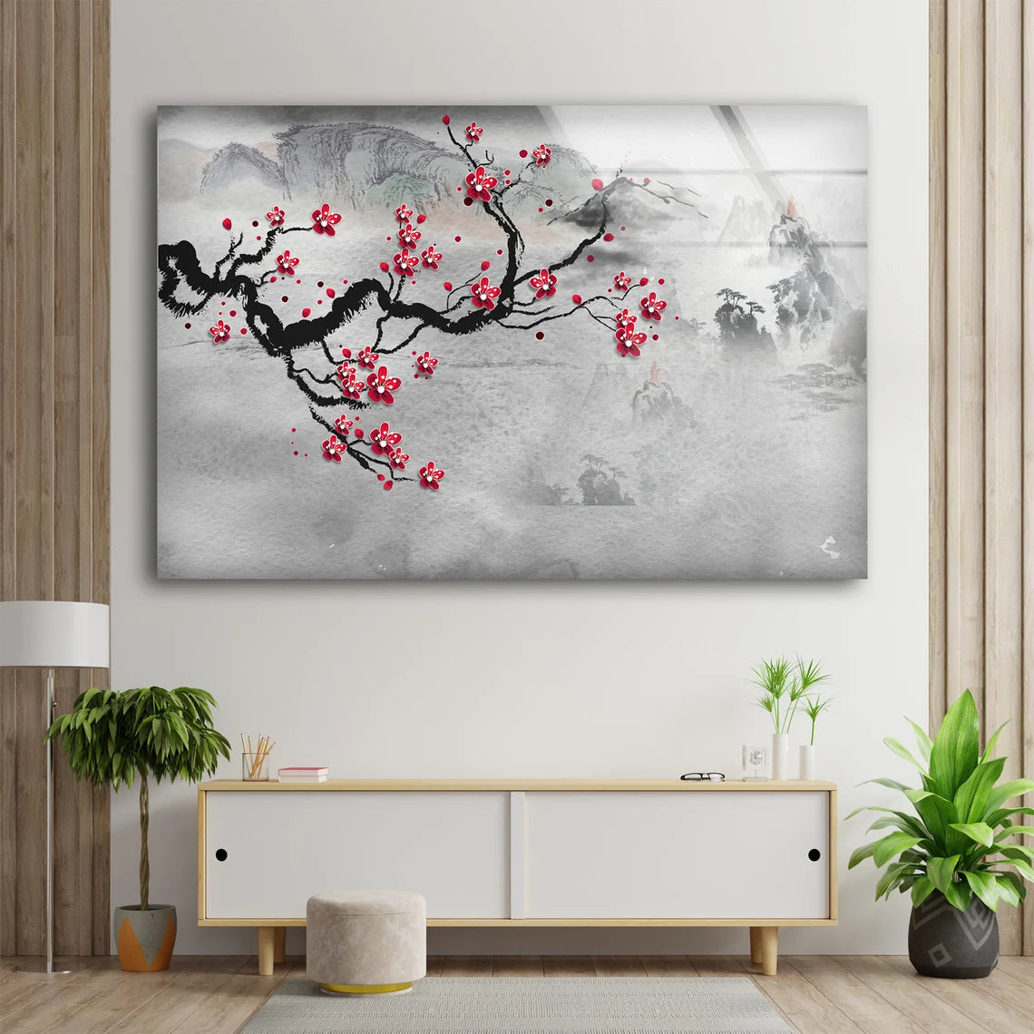 Pink Flower Tree Branch Oil Painting Acrylic Glass Print Tempered Glass Wall Art 100% Made in Australia Ready to Hang