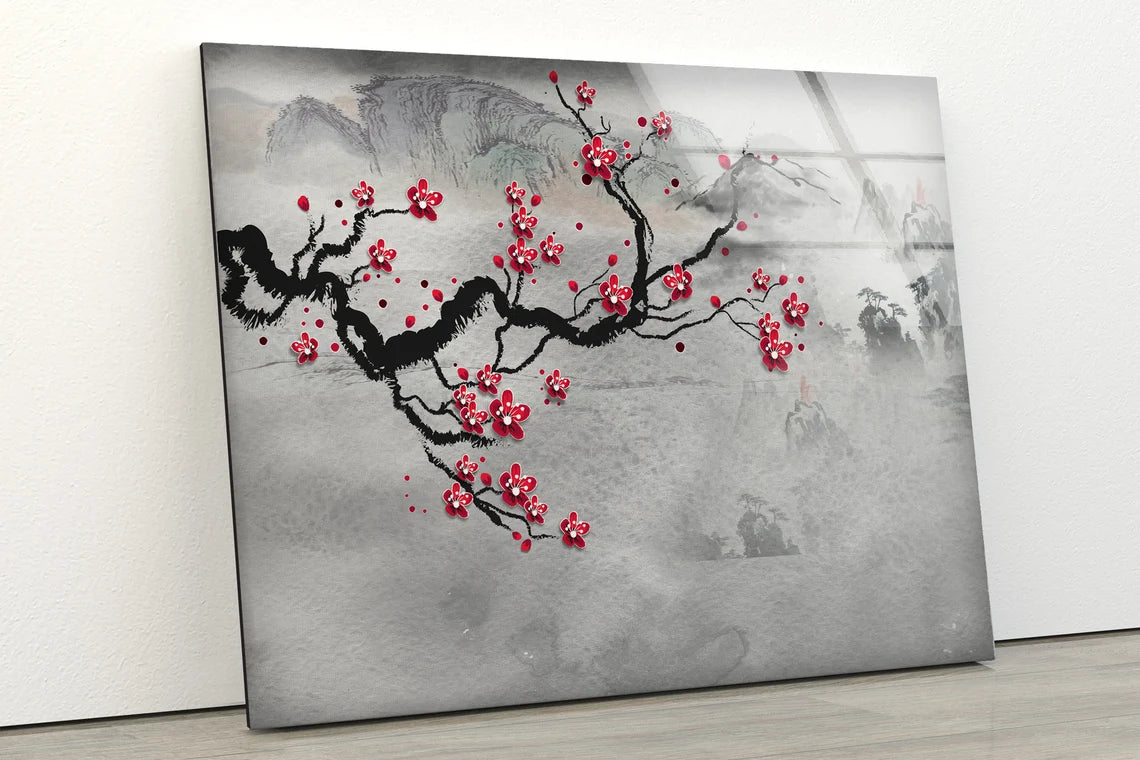 Pink Flower Tree Branch Oil Painting Acrylic Glass Print Tempered Glass Wall Art 100% Made in Australia Ready to Hang