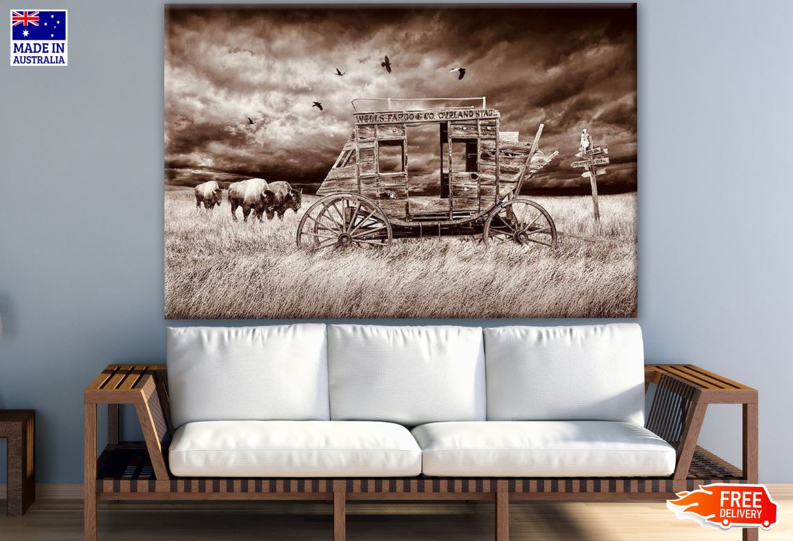 Highland Cows & Cart in Vintage Filter Print 100% Australian Made