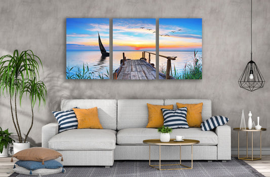 3 Set of Wooden Pier Over a Lake Sunset Photograph High Quality Print 100% Australian Made Wall Canvas Ready to Hang