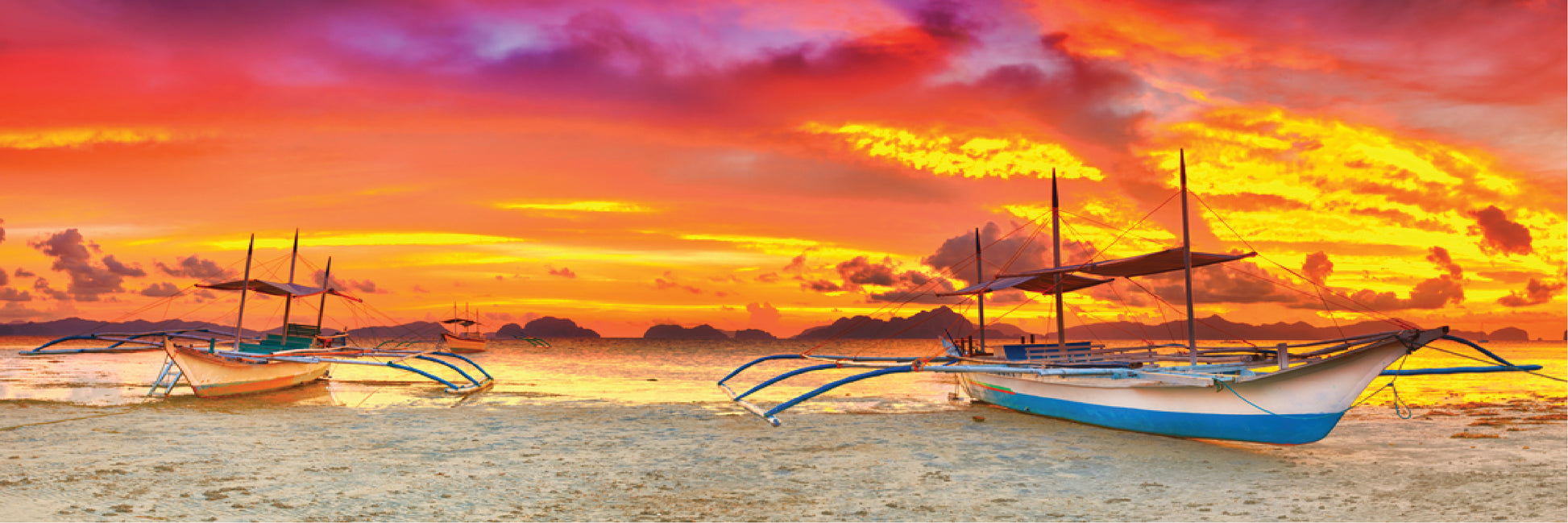 Panoramic Canvas Stunning Sunset Boats on Beach High Quality 100% Australian made wall Canvas Print ready to hang