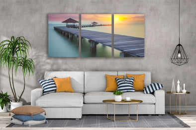 3 Set of Wooden Pier Over Beach Sunset Photograph High Quality Print 100% Australian Made Wall Canvas Ready to Hang