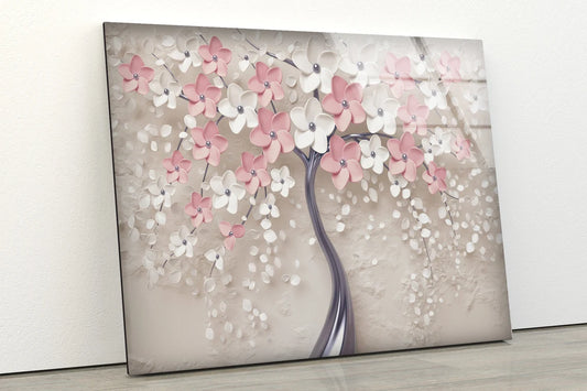 Pink & White Flower Tree 3D Design Acrylic Glass Print Tempered Glass Wall Art 100% Made in Australia Ready to Hang