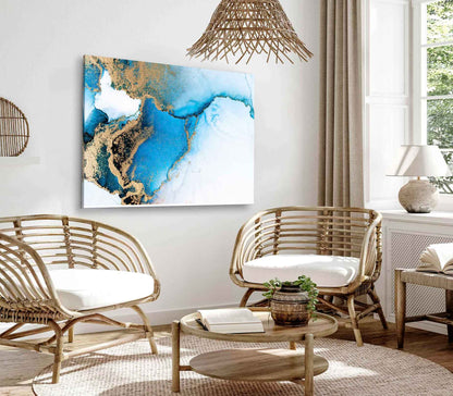 Bella Home Blue & Gold Splash Abstract Art Print Canvas Ready to hang