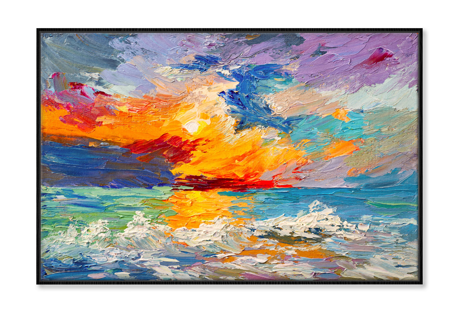 Colorful Sky & Sea Waves Sunset Oil Painting Wall Art Limited Edition High Quality Print Canvas Box Framed Black