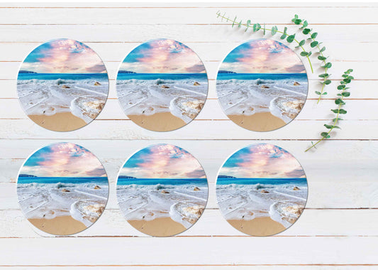 Seawaves & Cloudy Pink Sky Scenery Coasters Wood & Rubber - Set of 6 Coasters