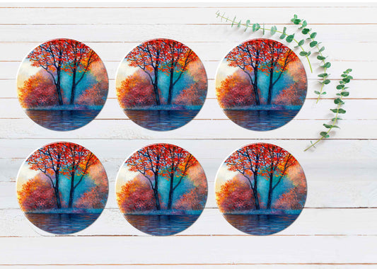 Red Maple Lake Painting Coasters Wood & Rubber - Set of 6 Coasters