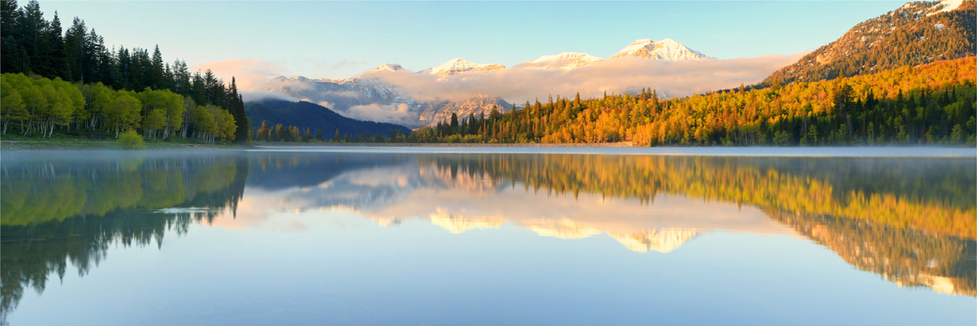 Panoramic Canvas Mountain Lake with High Trees Forest Photograph High Quality 100% Australian made wall Canvas Print ready to hang