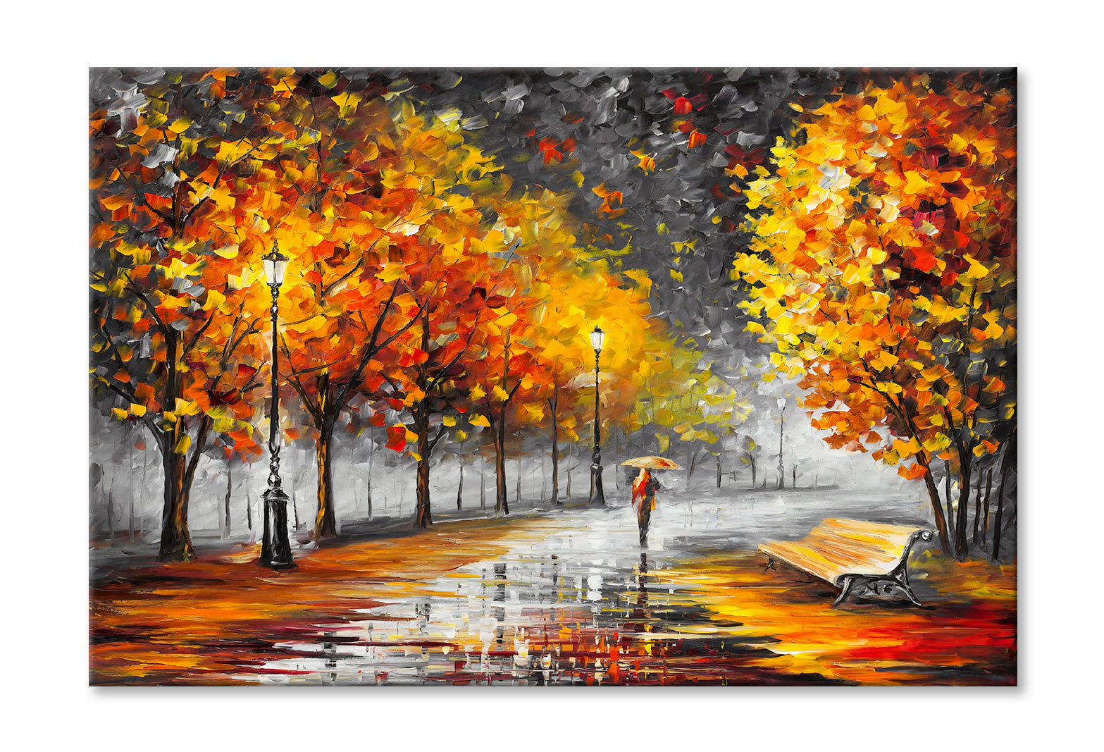 Girl Walking on Autumn Trees Road Watercolor Painting Wall Art Limited Edition High Quality Print Stretched Canvas None