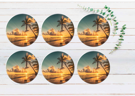 Sunrise Over Exotic Island in The Ocean Coasters Wood & Rubber - Set of 6 Coasters