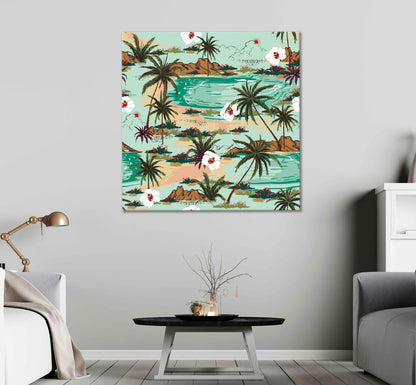 Square Canvas Palm Trees Island Sea Vector Art High Quality Print 100% Australian Made