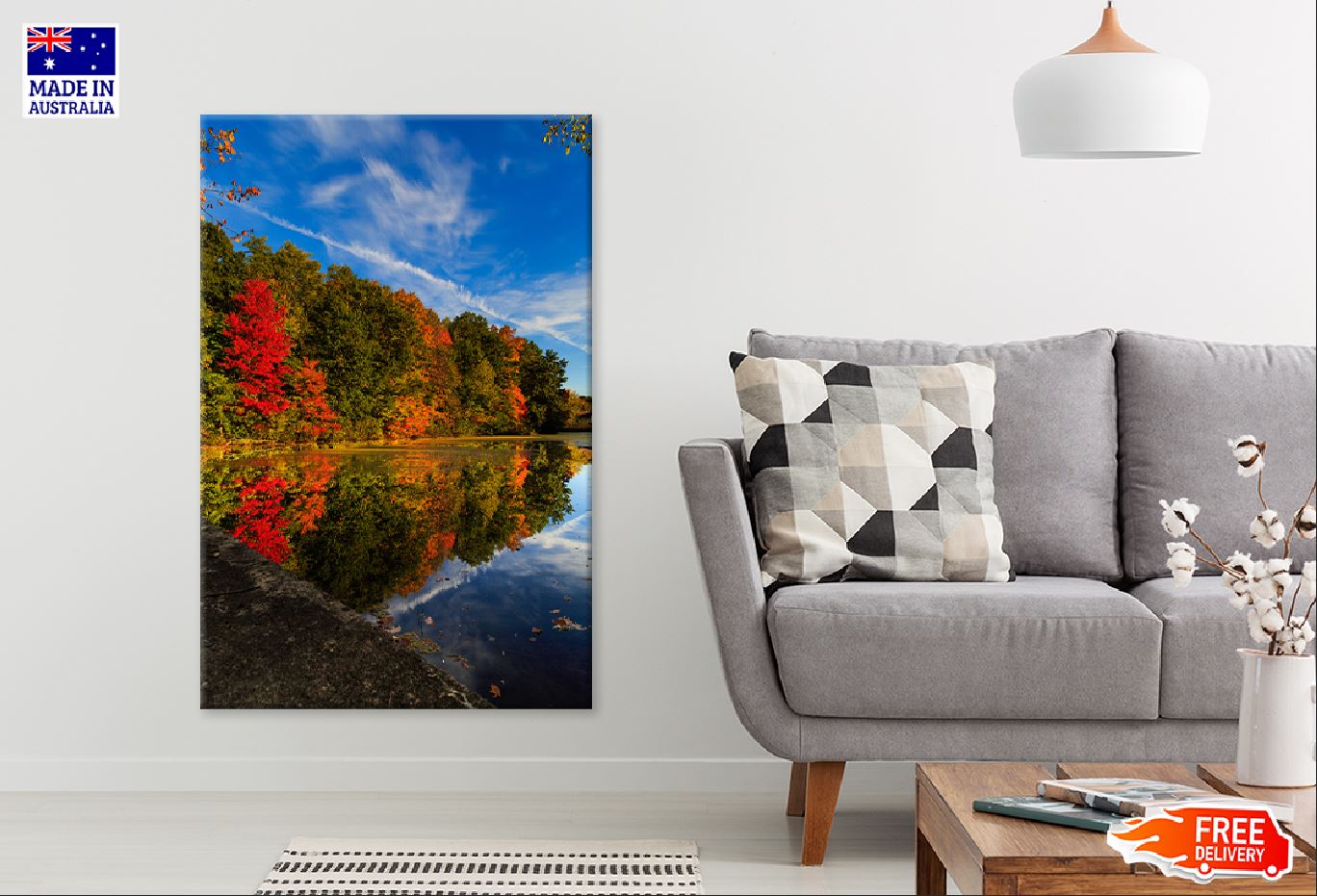 Red Green Autumn Trees with Lake Photograph Print 100% Australian Made