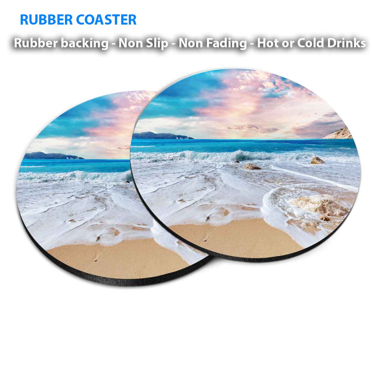 Seawaves & Cloudy Pink Sky Scenery Coasters Wood & Rubber - Set of 6 Coasters