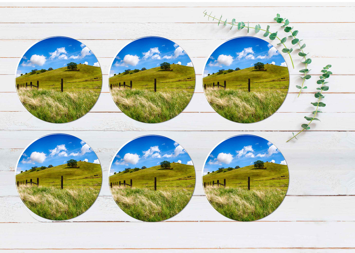 Green Hills of a Ranch in California Coasters Wood & Rubber - Set of 6 Coasters