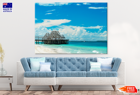 Wooden Pier On Sea Sky View Print 100% Australian Made