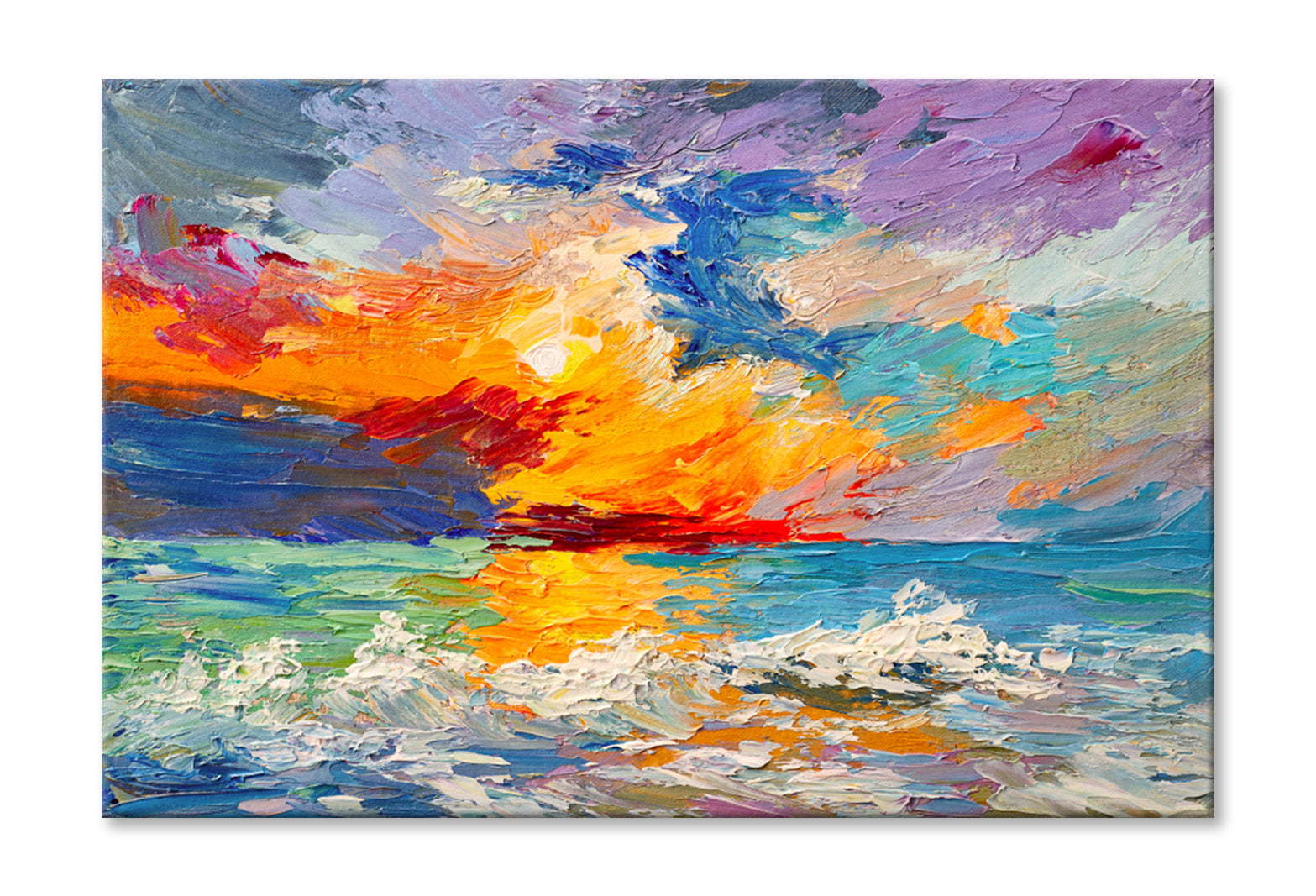 Colorful Sky & Sea Waves Sunset Oil Painting Wall Art Limited Edition High Quality Print Stretched Canvas None