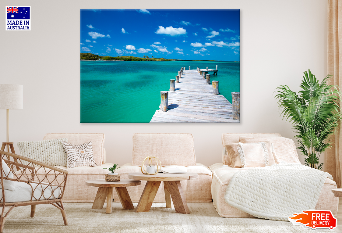 Wooden Pier On Sea & Sky View Print 100% Australian Made