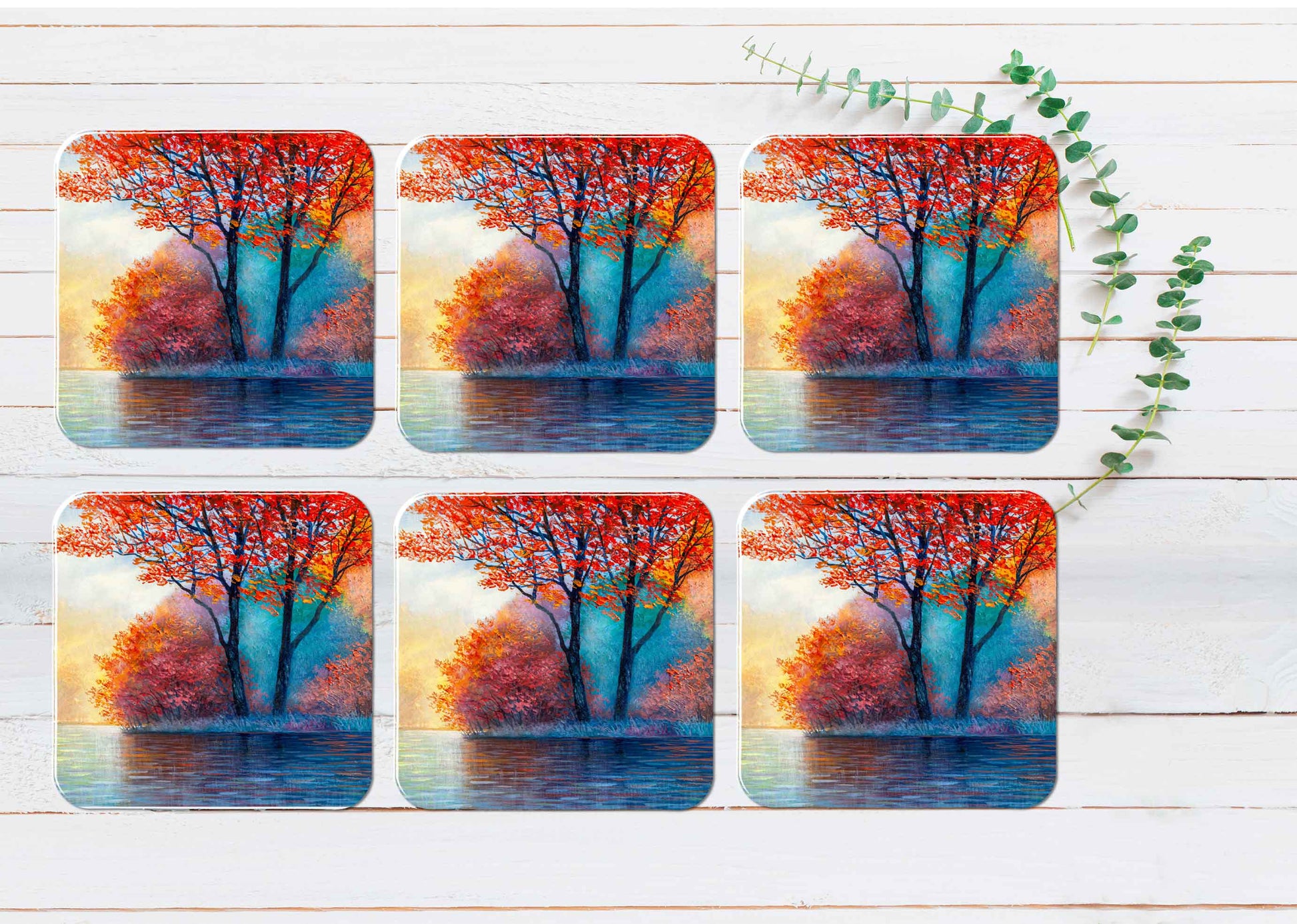 Red Maple Lake Painting Coasters Wood & Rubber - Set of 6 Coasters