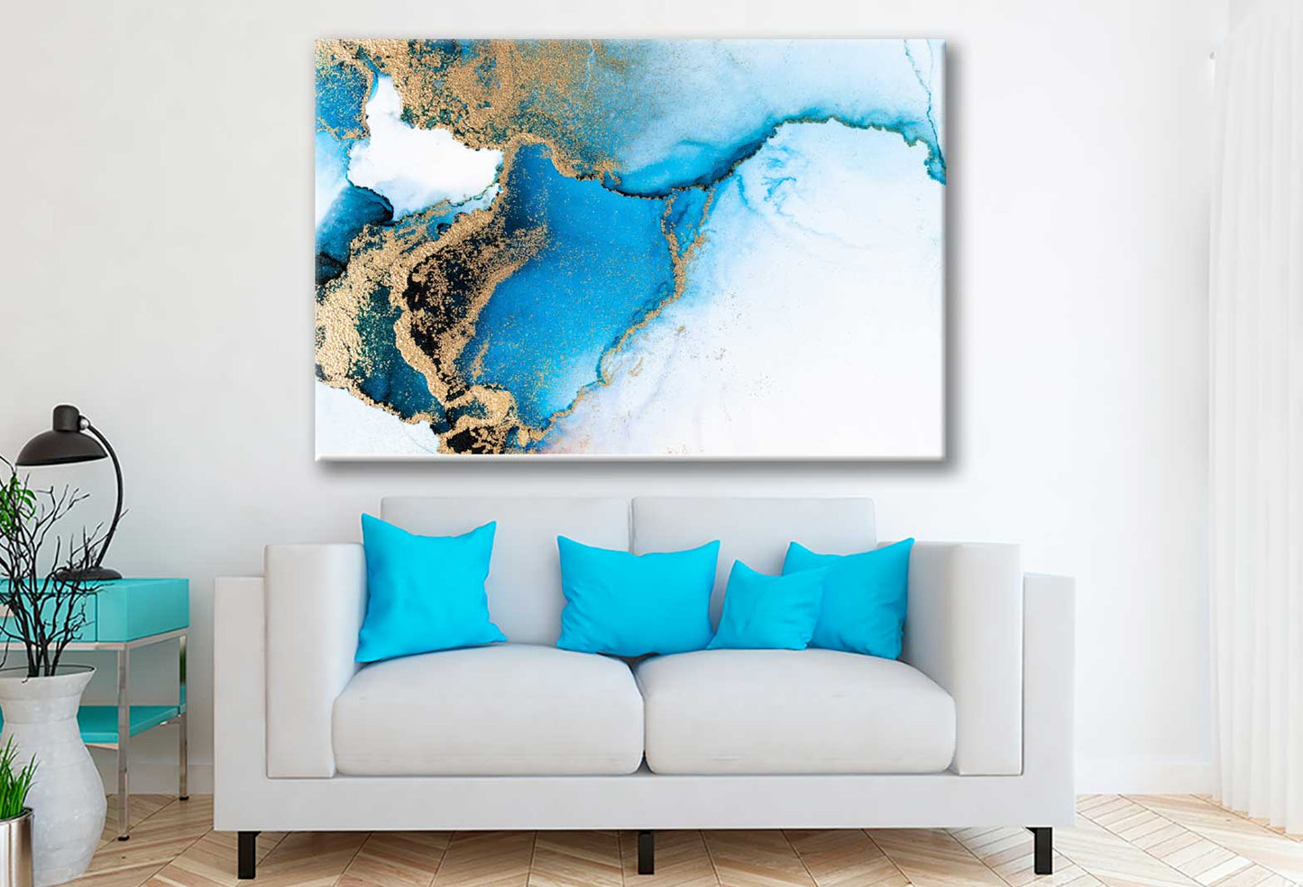 Bella Home Blue & Gold Splash Abstract Art Print Canvas Ready to hang