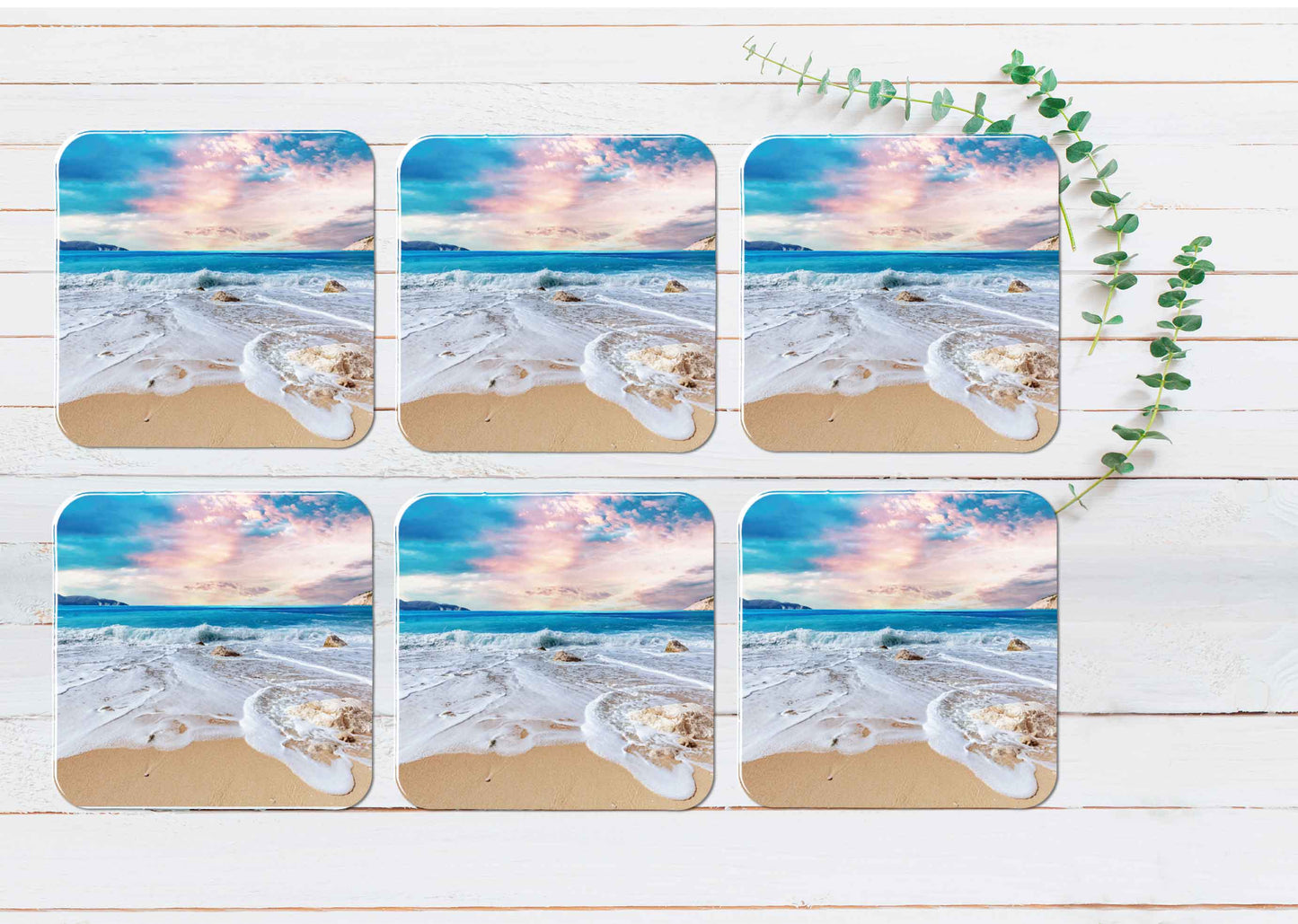 Seawaves & Cloudy Pink Sky Scenery Coasters Wood & Rubber - Set of 6 Coasters