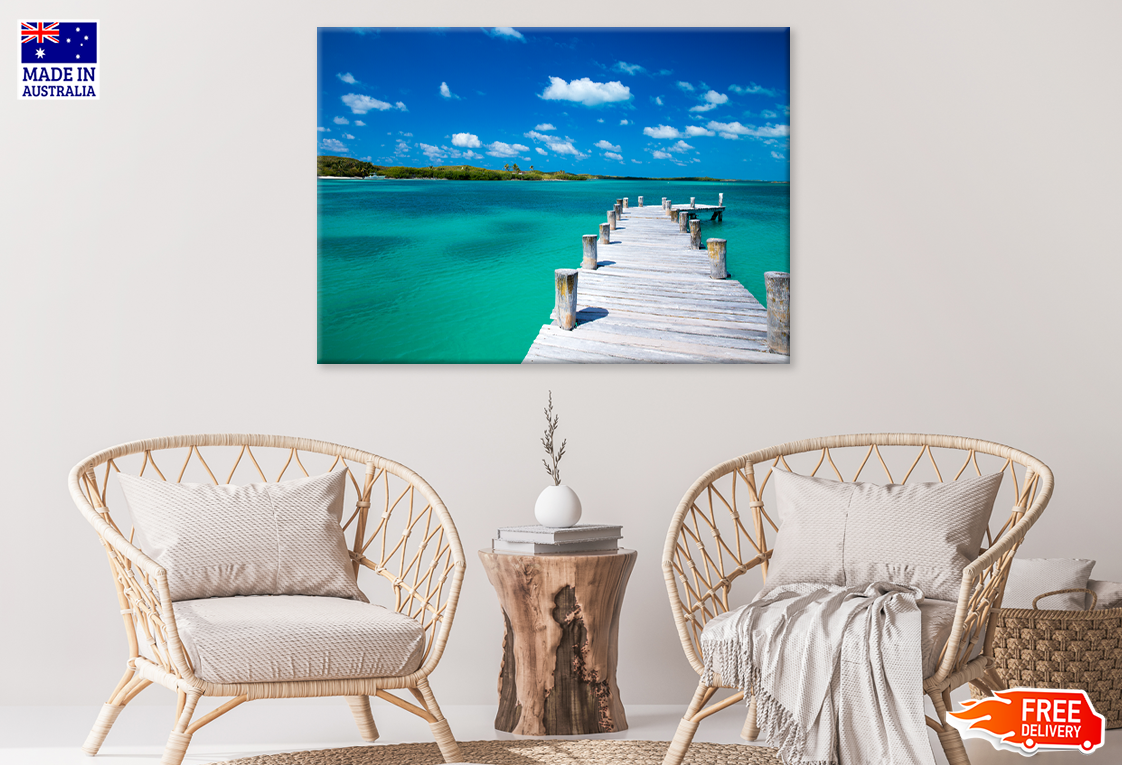 Wooden Pier On Sea & Sky View Print 100% Australian Made