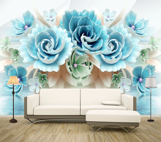 Wallpaper Murals Peel and Stick Removable 3D illustration Blue Flower Design High Quality