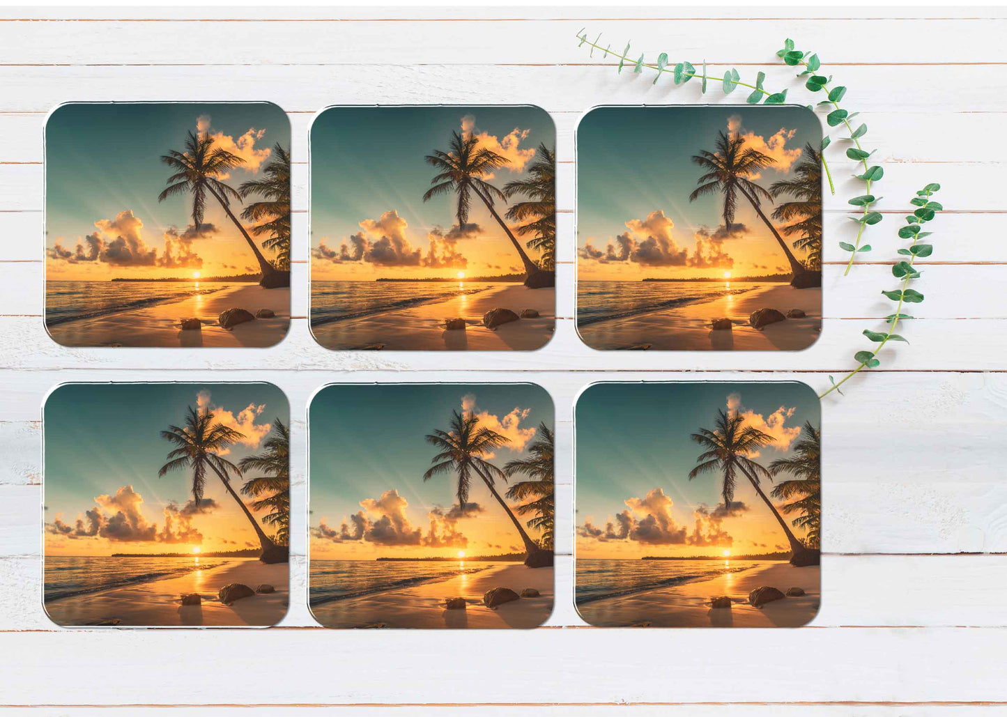 Sunrise Over Exotic Island in The Ocean Coasters Wood & Rubber - Set of 6 Coasters