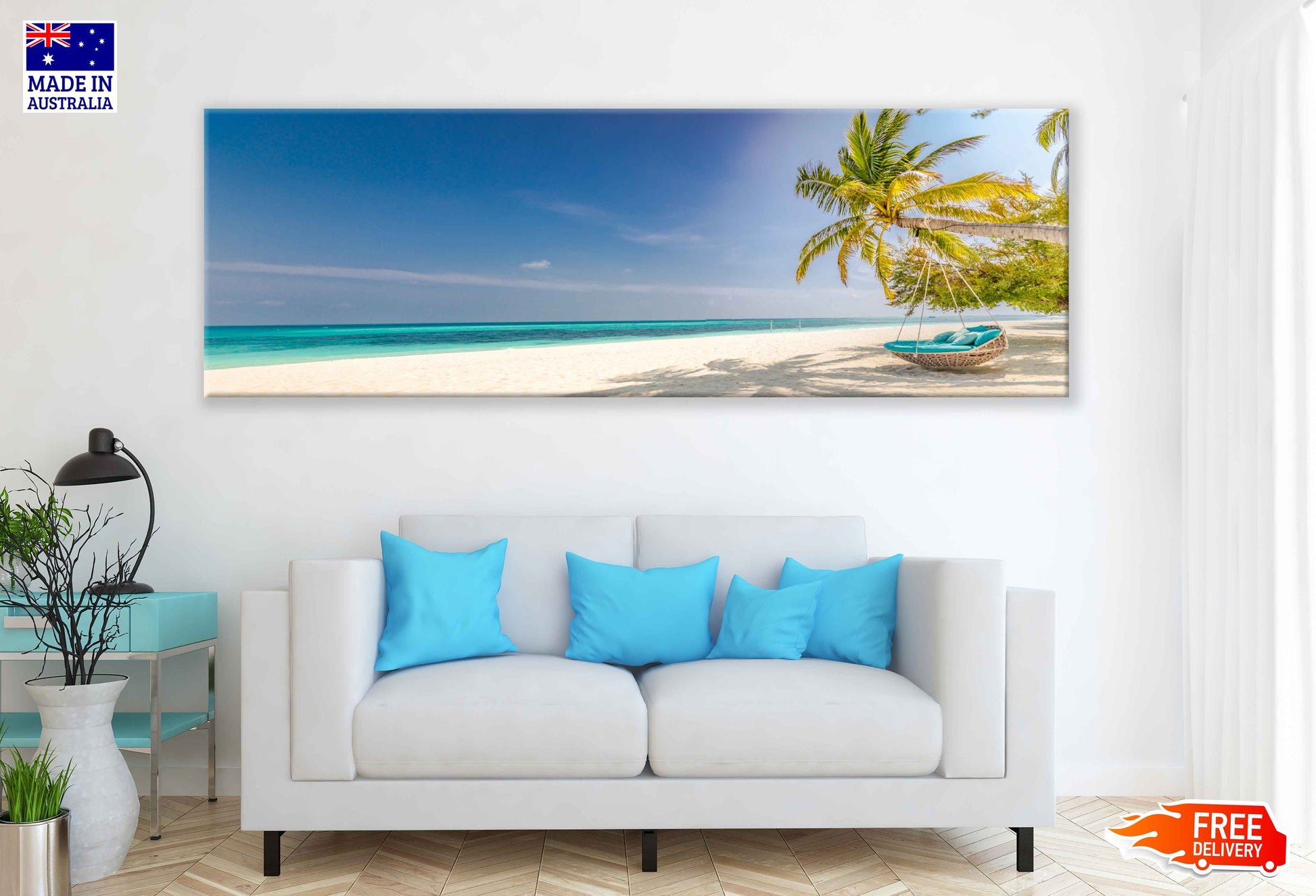 Panoramic Canvas Beach Swing near Sea View Photograph High Quality 100% Australian Made Wall Canvas Print Ready to Hang