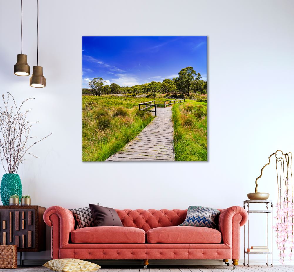 Square Canvas Lush Grass Field & Boardwalk View Photograph High Quality Print 100% Australian Made