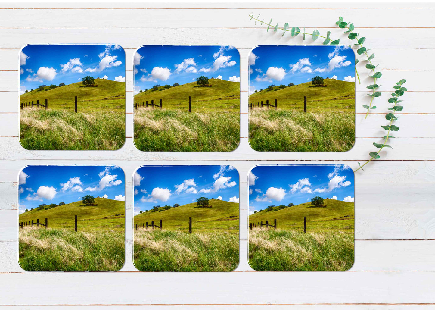 Green Hills of a Ranch in California Coasters Wood & Rubber - Set of 6 Coasters